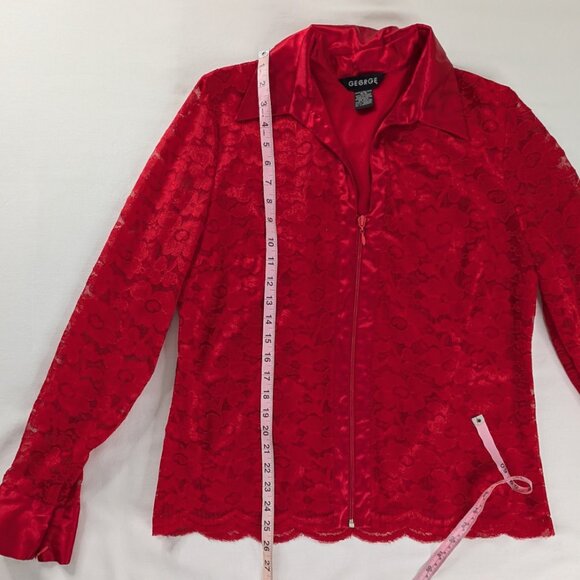 VTG Red Lace Sheer Sleeve Zip Up Collared Jacket Satin Sleeves Sweater Top 90s - Picture 4 of 7